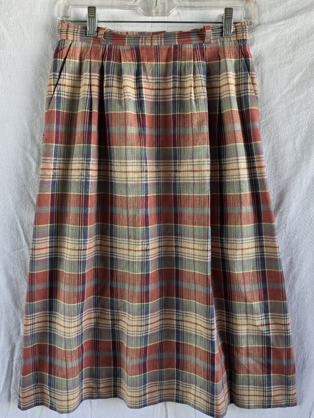 Vintage J.G. Hook Plaid A-Line Skirt Size 8 Pockets Cotton Linen